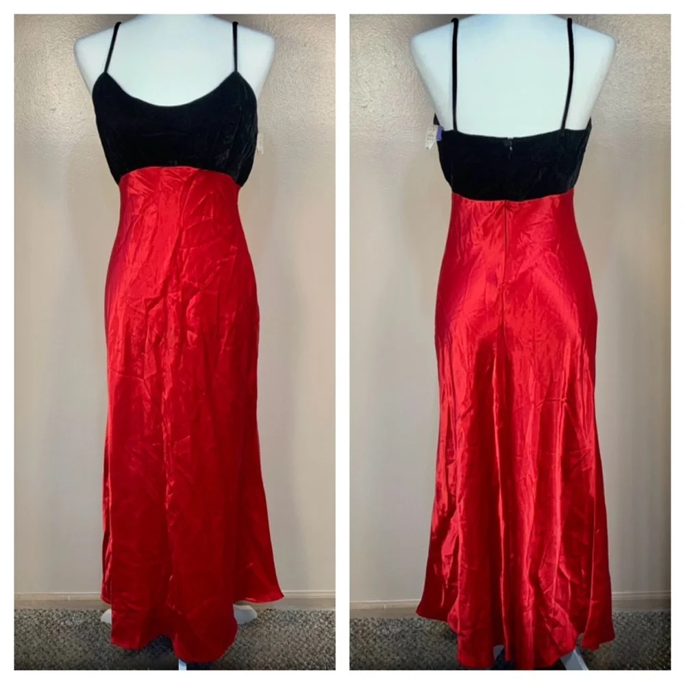 Vintage 90s Hampton Nites Satin Velvet Full Length Slip Dress - Picture 1 of 10